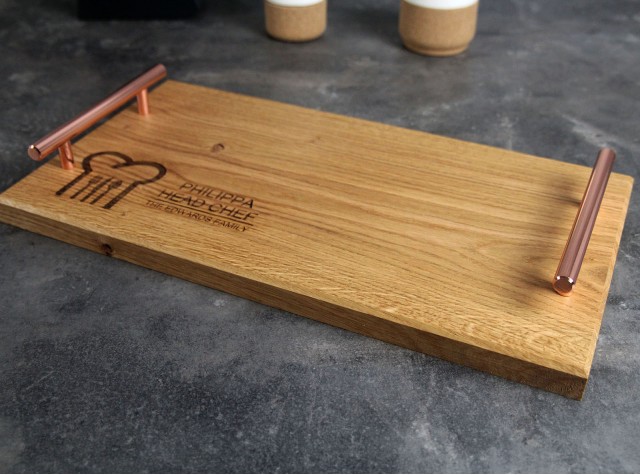 personalised oak tray with copper handles 220x400